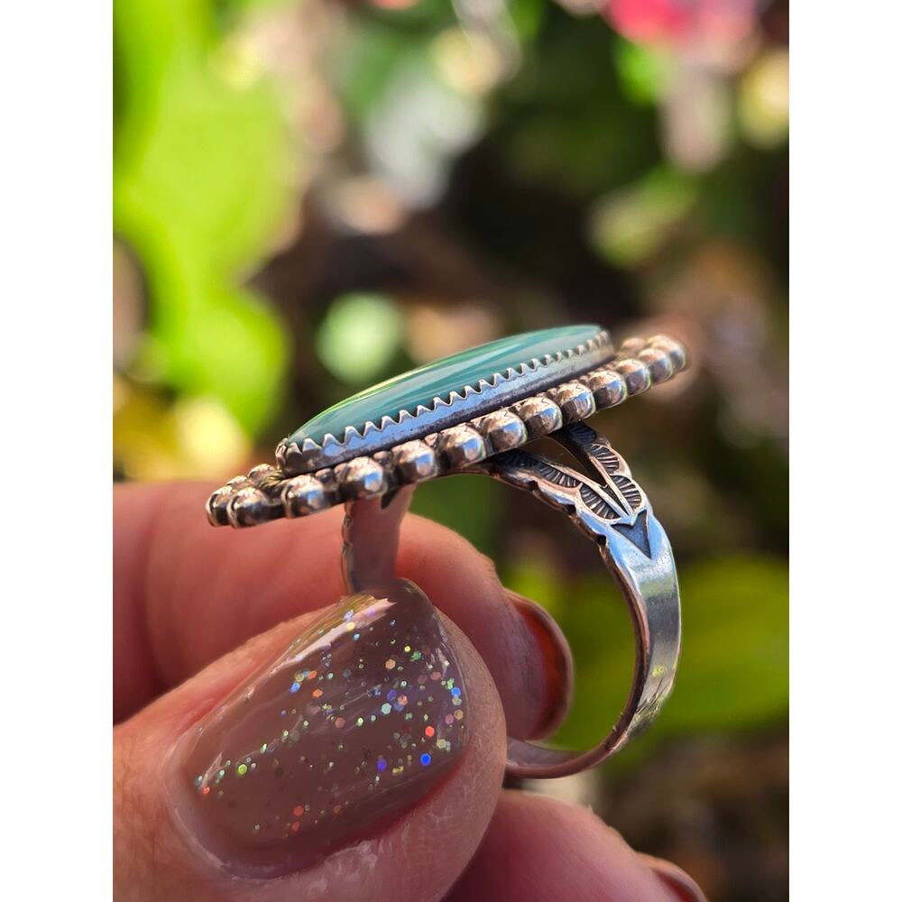 Vintage Navajo Fred Harvey Era 925 Sterling Silver Elongated Turquoise Ring, 7 - Picture 4 of 9